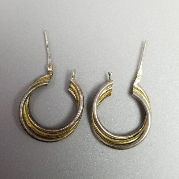 Vintage Sterling Silver Two Tone 1 Inch Hoop Earrings, 925 Italy, Estate - Picture 3 of 9